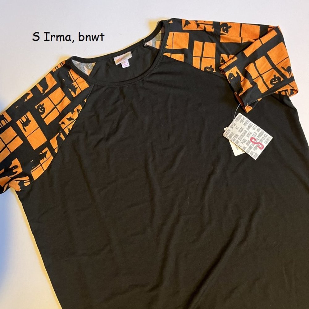 Small Lularoe Irma oversized tunic, Halloween window panes sleeves, black body